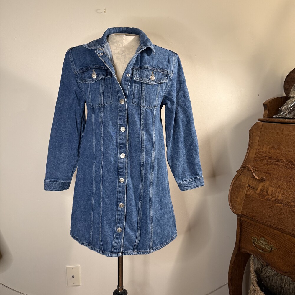 Zara Blue Denim Shirt Dress Womens 12 Long Sleeve Button Down Jean Dress
